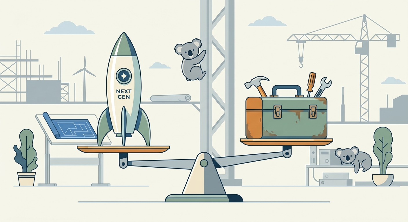 A minimalist illustration of a balance scale with a shiny new rocket ship on one side and a sturdy, well-worn toolbox on the other, set against a clean engineering workspace background