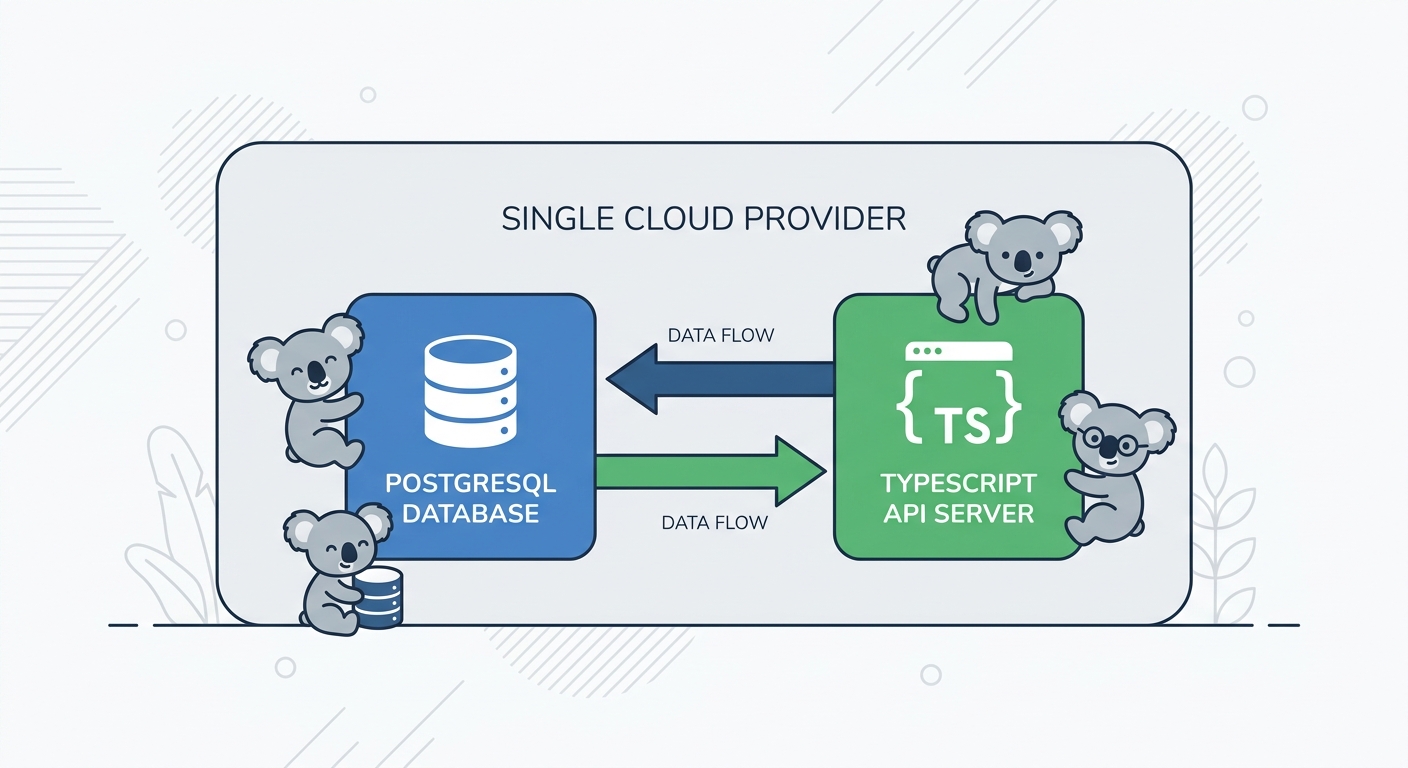 A simple architectural diagram showing a PostgreSQL database connected to a TypeScript API server, deployed on a single cloud provider, with arrows indicating straightforward data flow