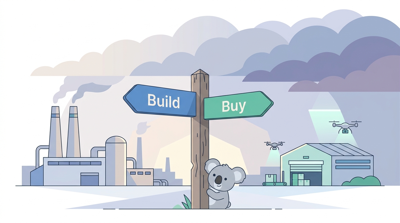 A weathered crossroads signpost in an industrial landscape at dusk, one arm pointing toward a massive factory complex with smokestacks (labelled "Build"), the other toward a gleaming automated warehouse with delivery drones (labelled "Buy"), storm clouds gathering over both paths