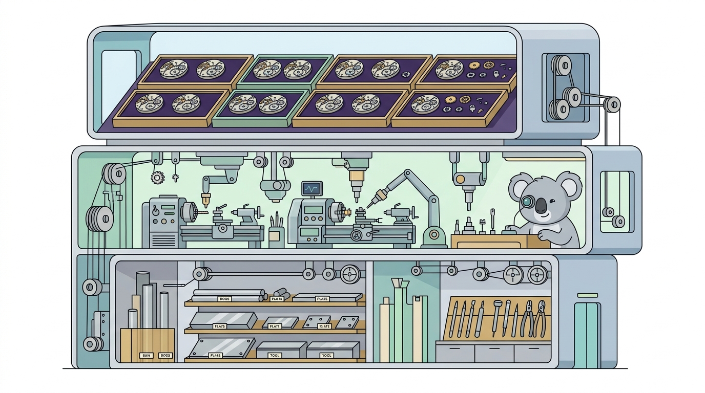 A precision watchmaker's workshop rendered in cross-section, showing layered compartments: the top level displays off-the-shelf watch movements on velvet trays, the middle shows custom components being machined, the bottom reveals raw materials and specialized tools—each level connected by intricate mechanical linkages