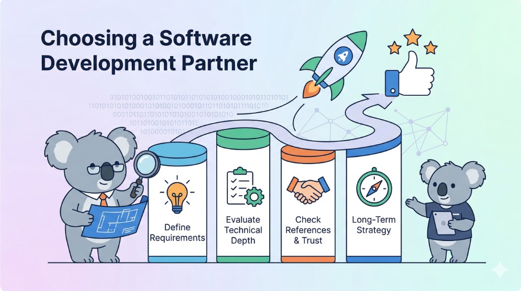 Illustration of two koalas guiding a software development journey through four key steps: Define Requirements, Evaluate Technical Depth, Check References and Trust, and Long-Term Strategy