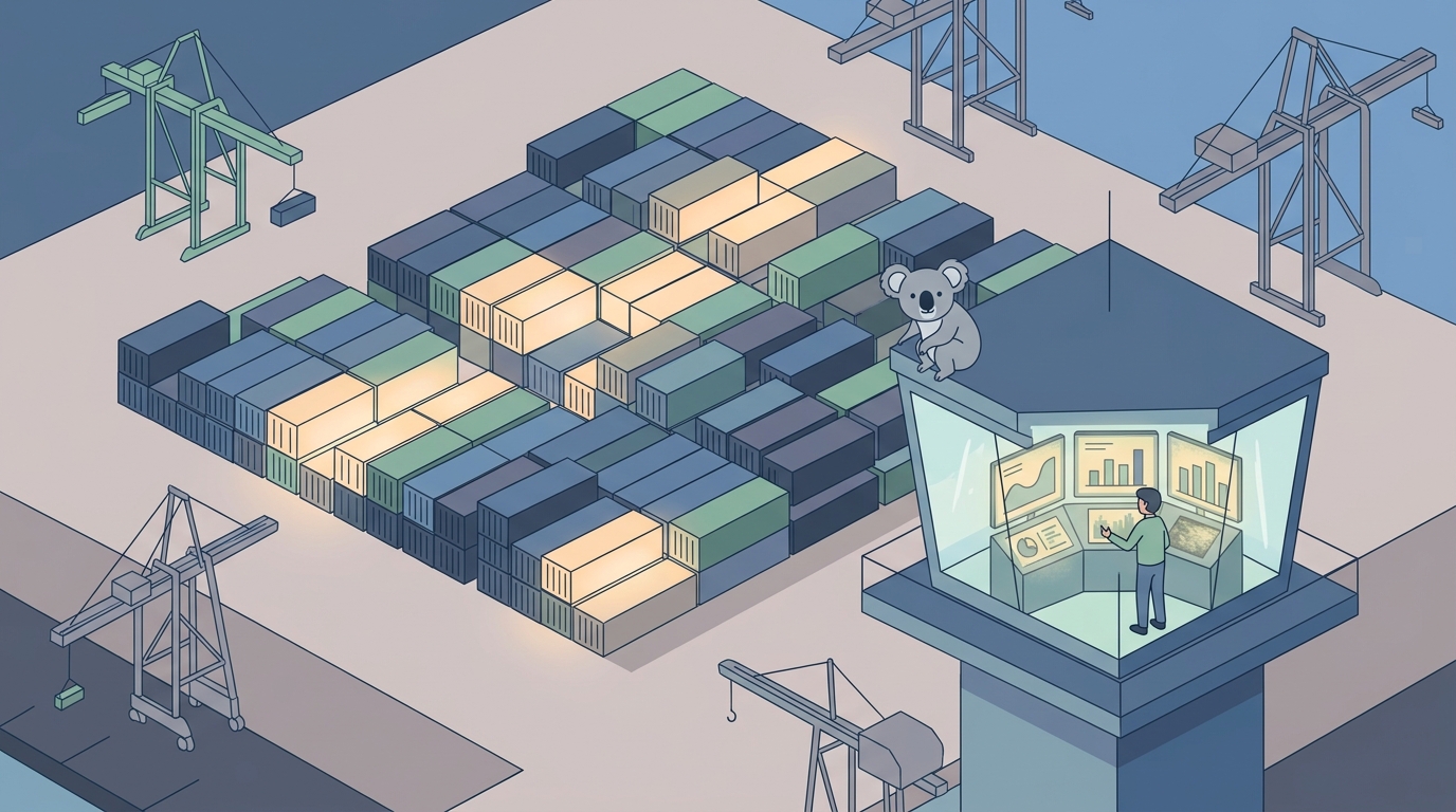 A bird's-eye view of an industrial shipping yard at dusk, where half the containers sit empty and illuminated from within, representing wasted capacity — cranes idle, a single operator in a control tower reviews glowing efficiency metrics on weathered screens