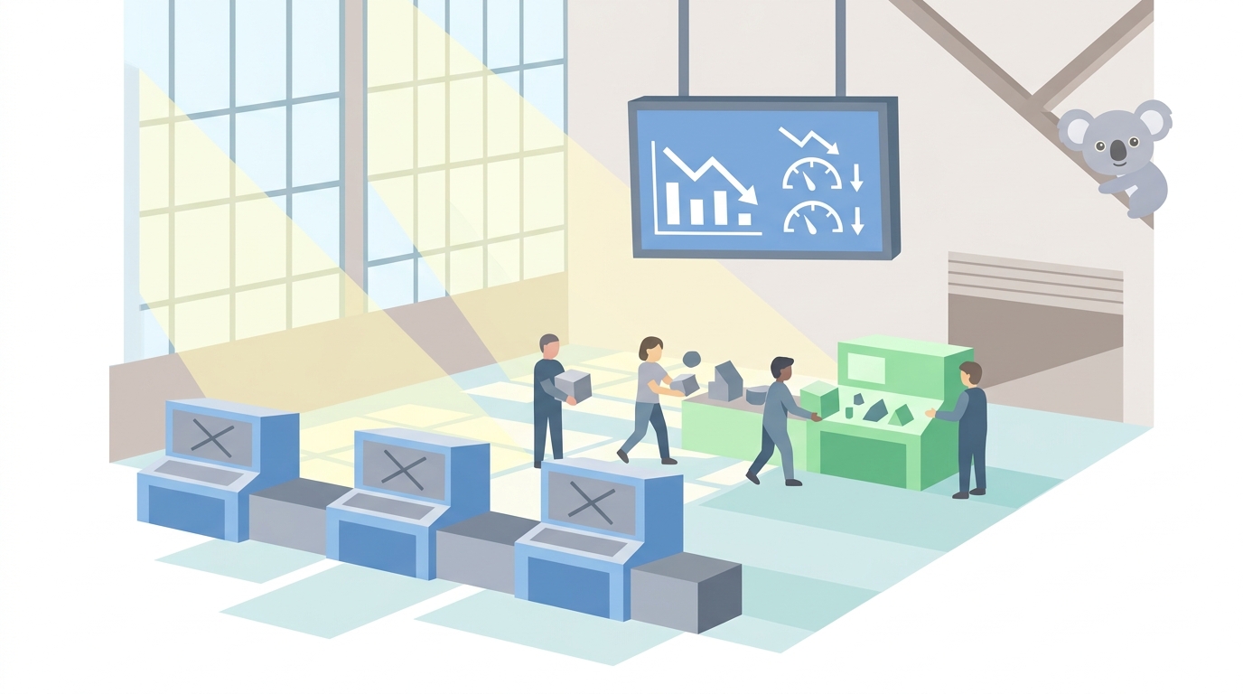 A factory floor at shift change, half the workstations powering down while workers reorganize parts into fewer active stations — overhead monitors show declining meter readings, sunlight streaming through industrial windows onto the reconfigured layout
