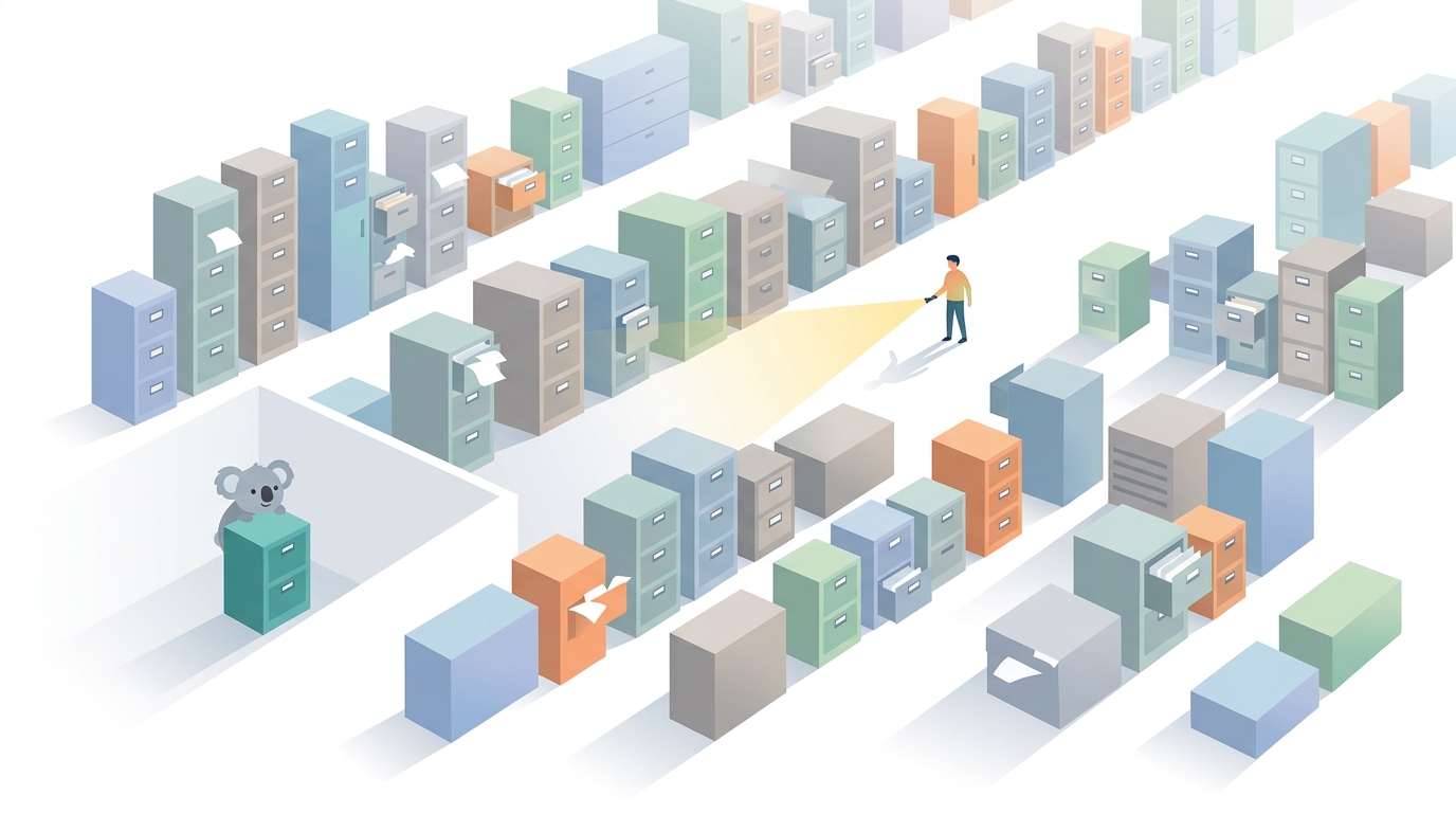 A vast industrial warehouse filled with countless mismatched filing cabinets of different eras and colors, some overflowing with papers, others locked tight — a single person in the distance holds a flashlight, casting long shadows while searching through the chaos