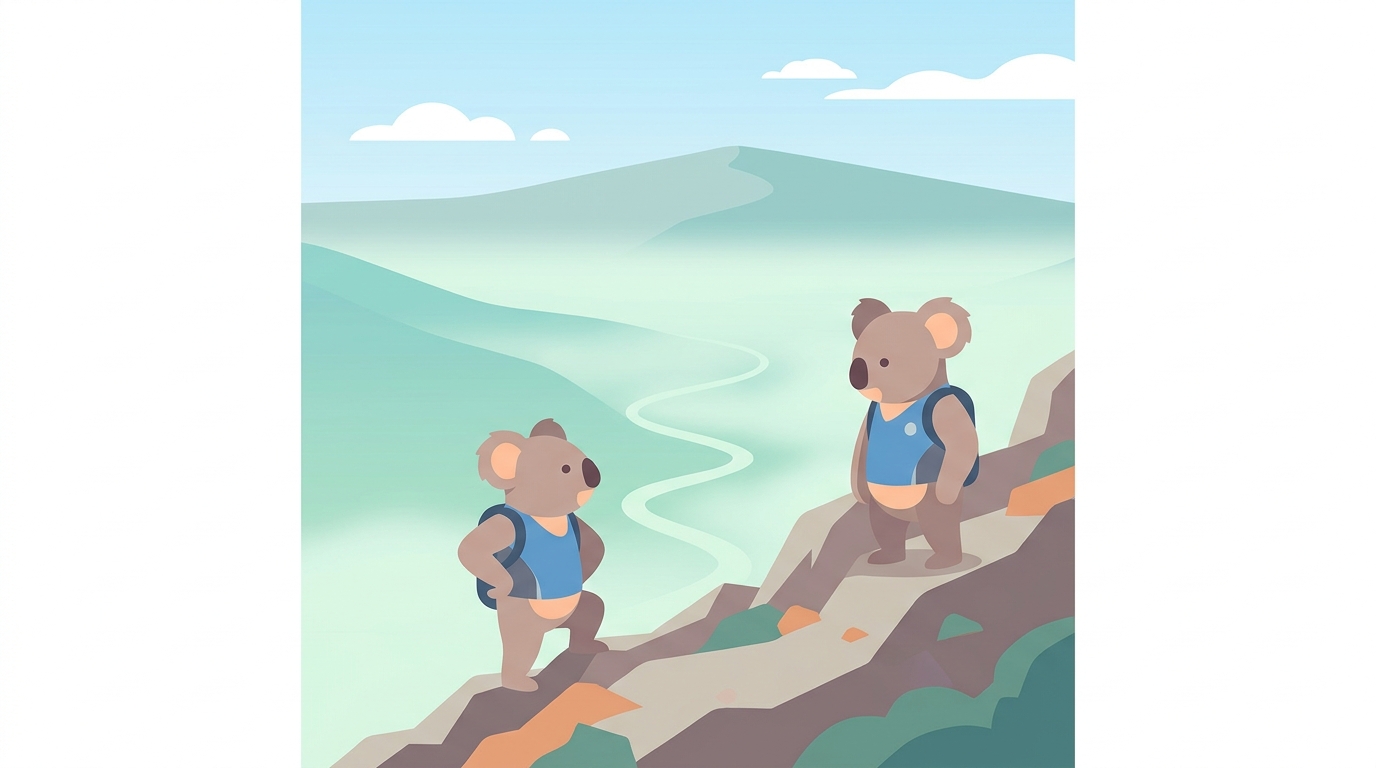 An athlete at the peak of a grueling mountain climb, pausing to look back at a fog-filled valley below where the trail disappears — the summit is visible but still distant, with clear sky overhead