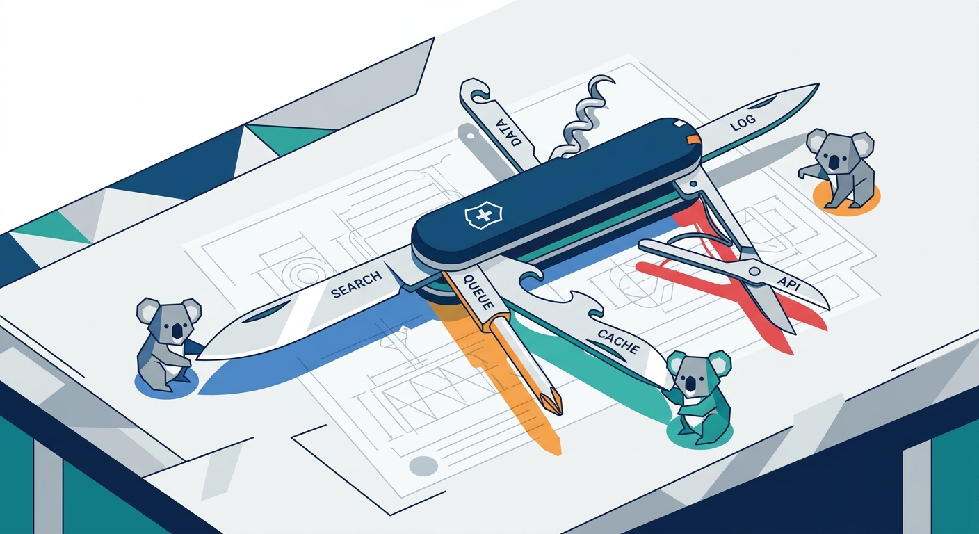 A single Swiss Army knife unfolded on a workshop bench, each tool labelled with tiny engraved text like "search", "queue", "cache", each blade casting a distinct coloured shadow across technical blueprints beneath