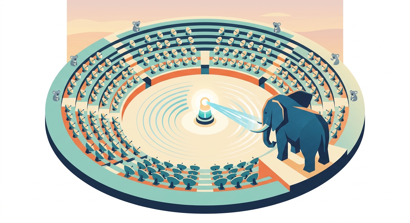 A circular amphitheatre viewed from above at dusk, where the central stage glows with a single broadcast beacon while tiered seats contain hundreds of small receiving dishes, all oriented inward, conveying the one-to-many pub/sub pattern