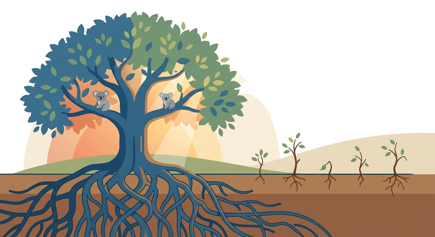 A massive oak tree with deep, interconnected root systems visible beneath the soil line, contrasted against a field of scattered saplings struggling to establish themselves — warm afternoon light filtering through the canopy, suggesting stability and accumulated strength versus fragmented effort