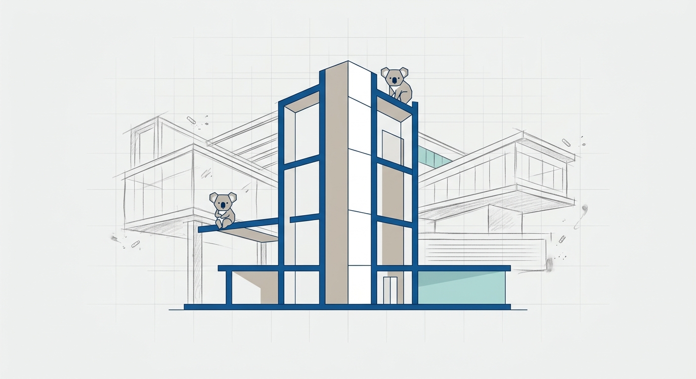 An architectural blueprint showing a building's cross-section, where a solid central core supports multiple wings — some wings are sketched in pencil, erasure marks visible, while the core remains firmly inked, illustrating the concept of a stable foundation enabling exploratory iteration at the edges