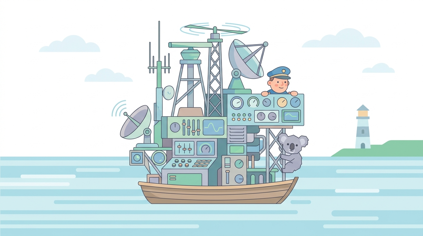 A small boat equipped with an enormous, complex navigation system designed for ocean liners — radar arrays, satellite dishes, and control panels overwhelming the tiny vessel's deck, while the captain peers over the equipment trying to simply steer toward a nearby lighthouse on a calm lake