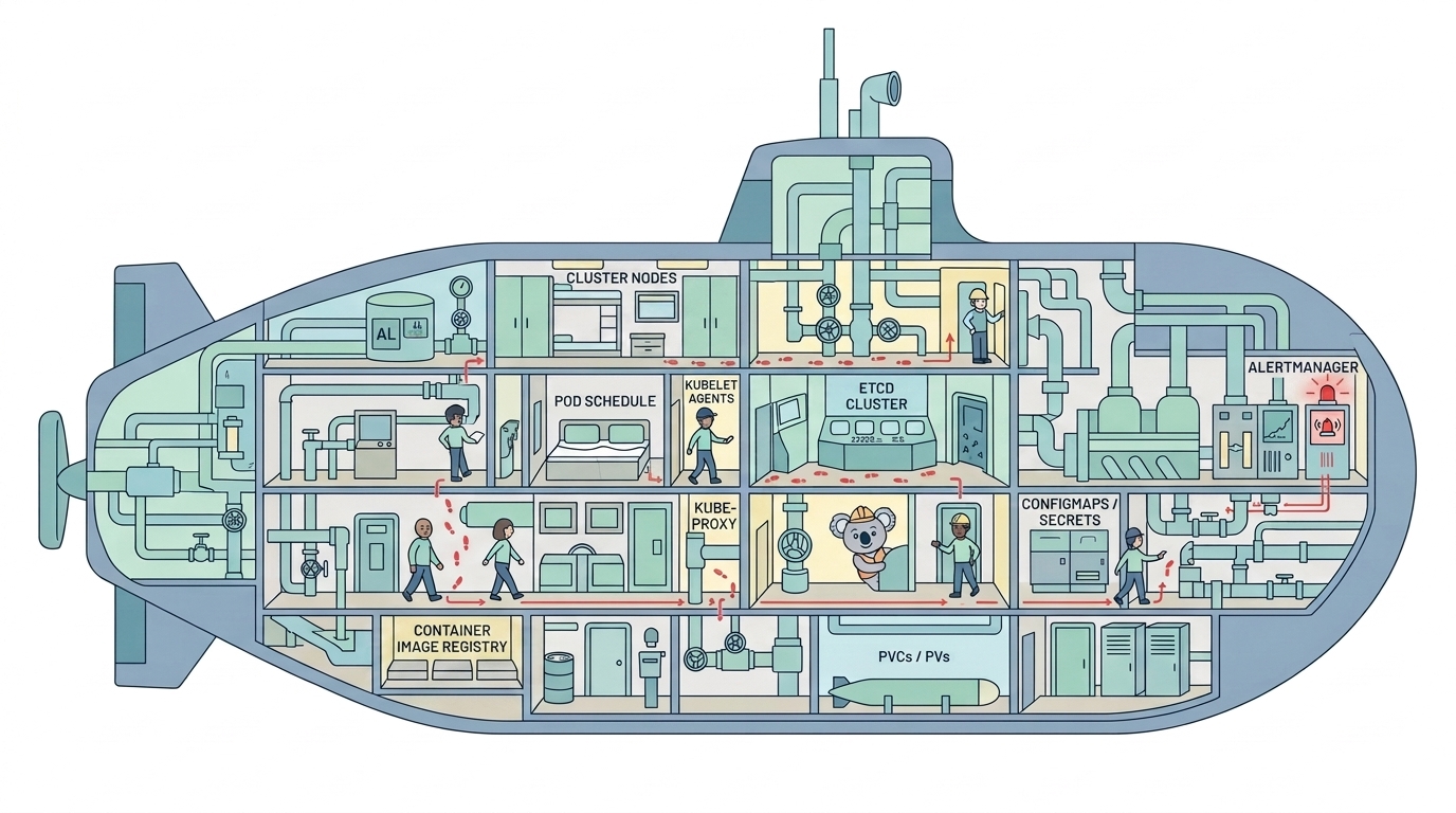 A cross-section view of a submarine with dozens of labeled compartments and interconnected pipe systems, where a single red warning light blinks in one section while a maintenance crew must trace the malfunction through seventeen different bulkheads and valve systems to find its source