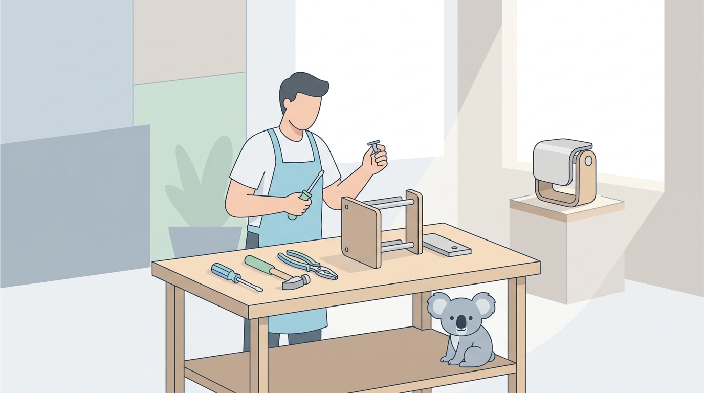 A clean, modern workshop with a single craftsperson efficiently assembling a product using three well-chosen hand tools arranged on a minimal workbench, with natural light streaming through windows onto a finished piece that's elegantly simple