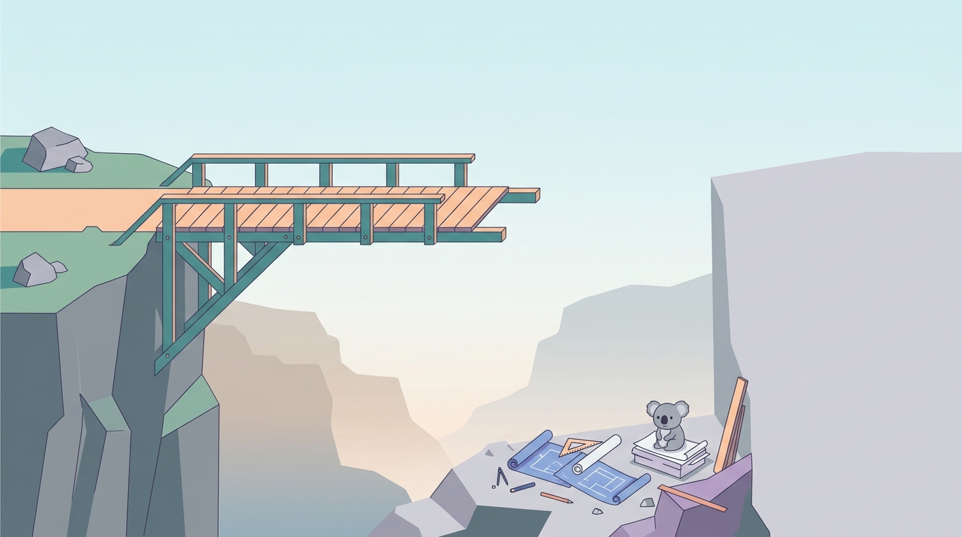A beautifully constructed wooden bridge spanning a ravine, but the bridge leads nowhere—ending abruptly mid-air against a cliff face. Tools and blueprints scattered on the ground below, morning mist rising from the ravine, suggesting wasted effort despite quality craftsmanship