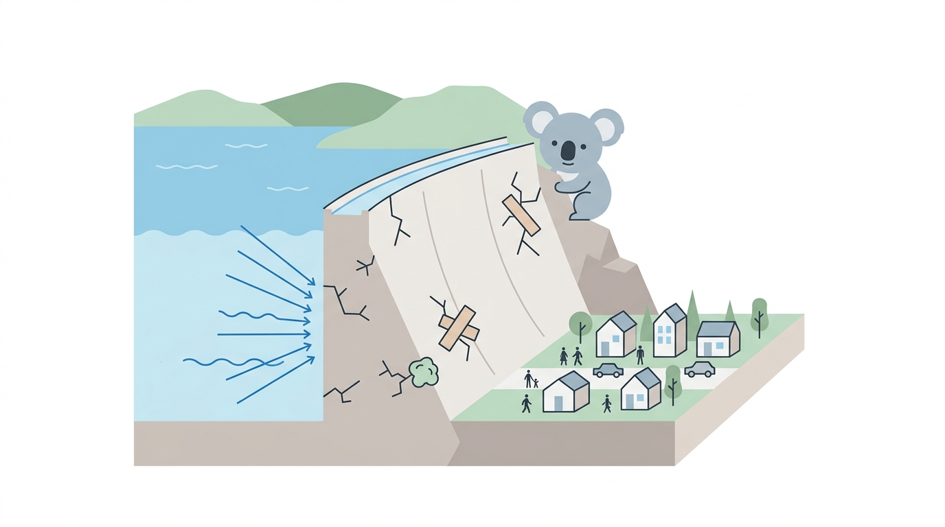 Cross-section illustration of a dam holding back water, with small cracks appearing throughout the structure. Some cracks are being patched with tape and chewing gum while water pressure builds. The upstream side shows a serene lake; the downstream side shows a town going about daily life, unaware of the structural stress