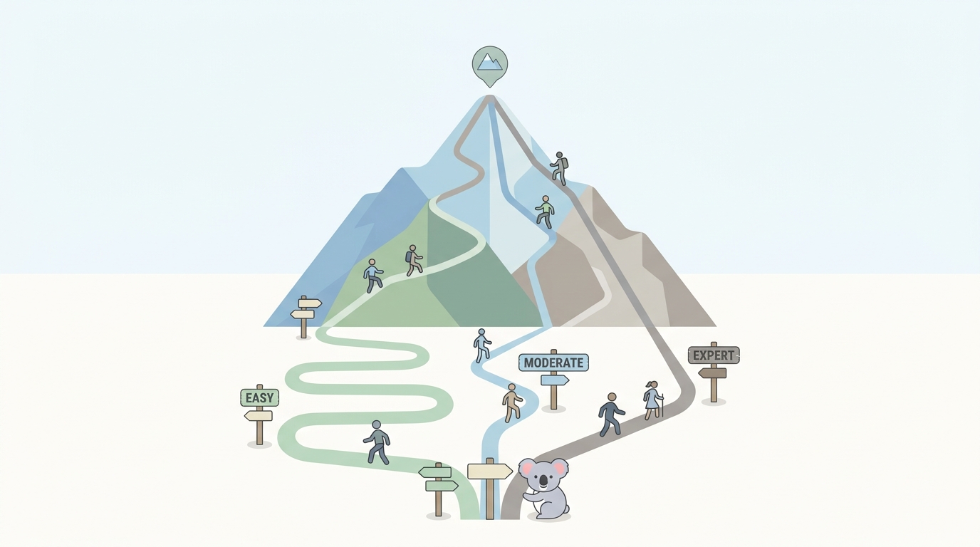 A well-worn hiking trail winding up a mountain, with multiple clearly marked forks showing different difficulty levels—easy switchbacks, moderate direct routes, and expert steep paths—all leading to the same summit. Trail markers are weathered but legible, and hikers of varying ability levels are spread across all paths, each moving confidently at their own pace